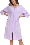 ANLIQI Womens Zipper Robes Knee Length 100% Cotton Short Sleeve Bathrobes for Women Soft&Lightweight Housecoats with Pockets, Light Purple