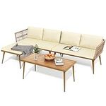 YITAHOME 4 Pieces Patio Furniture Set, Outdoor Rattan Woven Conversation Sectional L-Shaped Sofa with 5 Seater for Backyard, Porch, Boho Detachable Lounger with Cushions and Side Table - Beige
