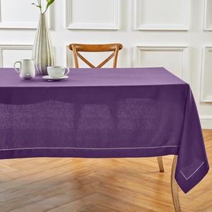 Solino Home Linen Tablecloth for Rectangle Tables 60 x 156 Inch - Classic Hemstitch 100% Pure Linen Purple Table Cloth - Machine Washable Cloth Tablecloth for Valentines, Spring, Easter