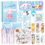 HASTHIP® Kawaii Cinnamoroll School Supplies Set, Kawaii Stationeries Supplies Set with Notebook, Pencil Pouch, Click Pens, Assorted Cinnamoroll Cartooon Stickers, Girls School Gift Set