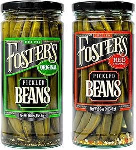 Fosters Pickled Green Beans- Variety Pack- 16oz (2 Pack)- Original and Red Pepper Spicy Pickled Green Beans- Pickled Vegetables Recipe for 30 years- Gluten Free- Fat Free- NO Preservatives