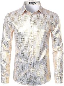 ZEROYAA Men's Luxury Paisley Dress Shirt Shiny Floral Printed Button Down Shirts for Party Prom, Zzcl33-white Gold, Medium