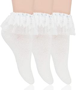 TZYDMN Women Ruffle Ankle Socks - Lolita Cup Lace Socks, 3 Pairs (White)