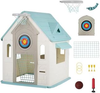 Cottage Playhouse with Magnetic Dartboard, Basketball Hoop, Ring Toss & Soccer Goal – Indoor & Outdoor Playhouse