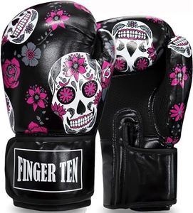 Boxing Gloves Women Punching Sparring Kickboxing MMA Training Heavy Bag Glove Pink White Rosy Black Leather for 8 10 12 14 oz for Womens(Black Printed, 14 oz)