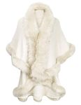 ZLYC Women Fine Knit Open Front Faux Fur Trim Layers Poncho Cape Cardigan Sweater (White)