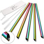 The Autostory Angled Tips Reusable Boba & Smoothie Straws, 5 Pcs 10" Long & 0.5" Wide Stainless Steel Metal Straws for Bubble Tea/Tapioca Pearl, Shakes, Jumbo Drinks with 2 Brushes & 1 Bag (Rainbow)