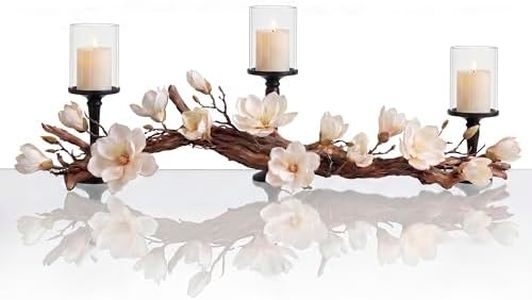 Magnolia Vine Driftwood Farmhouse Table Centerpiece - 3pc Candle Holder Set - Floral Table Decor for Dining Room, Living Room, Mantle & Weddings (Black)