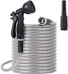 FOXEASE Metal Garden Hose 50 ft - Stainless Steel Water Hose with 2 Nozzles, Lightweight, Tangle Free & Kink Free, Heavy Duty, High Pressure, Flexible, Dog Proof