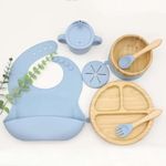 Bamboo/Silicone 9-Piece Baby Led Weaning Set: Non-Toxic, Anti-Slip, Durable, Easy to Clean. Includes Bowl, Bib, Cup with Straw, Plate, Spoon/Fork. Perfect for Toddlers and Self-Feeding. (Baby Blue)