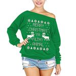 Csbks Merry Christmas Off Shoulder Sweatshirt Ugly Christmas Reindeer Women Long Sleeve Pullover Tops Green L