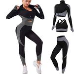 Veriliss Women's 3pcs Gym Tracksuit Sweatsuit Women's Activewear Sets 2024 Sport Yoga Fitness Clothing Ladies Workout Outfit Sportsuits for Running Jogging (BlackGrey, M)