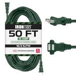 Iron Forge Cable Weatherproof Outdoor Extension Cord 50 Ft, 13 Amp Green Extension Cord with 2 Prong Polarized Plug, SJTW 16 AWG Power Cord for Chistmas Outdoor & Indoor Decorations - US Veteran Owned