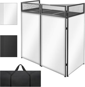 STRICH Foldable Portable DJ Facade Booth, 44”X20” Heavy-Duty Metal DJ Table with Black & White Scrim, Removable Triangle Shelf, Cable Hole & Carry Bag for Party, Show, Studio & Stage Updated Version