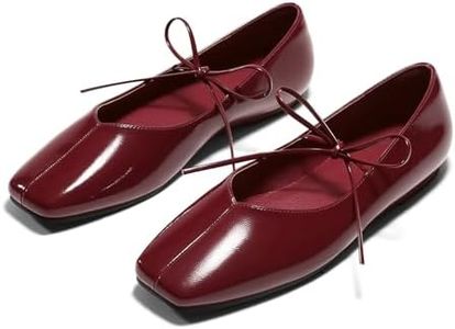Coutgo Womens Mary Jane Flats Lace Up Square Toe Ballet Ballerina Flats Slip On Comfortable Dressy Shoes, Burgundy Patent Leather, Size 9