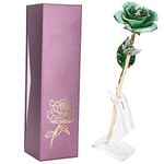 Green Gold Dipped Rose with Crystal Stand, 24k Golden Plated Real Preserved Rose Flower, Romantic Mom Wife Girlfriend on Mothers Day, Valentine's Day, Christmas, Birthday,