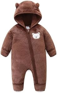 Babymine Newborn Bear Snowsuit Fold-Over Mittens Footed Onesie Unsiex Winter Fleece Hooded Clothes 6-9 Months Dark Brown