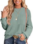 WIHOLL Long Sleeve Shirts For Womens Fall Tops 2024 Fashion Ladies Tops And Blouses With Pockets Casual Outfit Striped Knit Ribbed Loose Fit Trendy Green