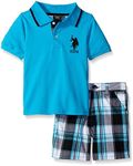 U.S. Polo Assn. Boys' 2 Piece Big Pony Solid Pique Polo Shirt and Plaid Short, Neon Turquoise, 4T