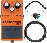 Boss DS-1 Distortion Guitar Effects Pedal Bundle with Gearlux Instrument Cable, Patch Cable, Picks, and Polishing Cloth