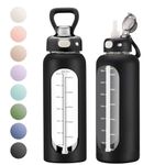 SIEROZUR 32 Glass Water Bottle with Straw and Handle Motivational Water Bottles with Silicone Sleeve and Time Marker Leakproof Borosilicate Water Bottle for Gym Home Office
