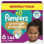 Pampers Premium Protection Size 6, 144 Nappies, 13kg-18kg, Monthly Pack, Double Protection for skin and against leaks