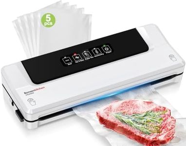 Bonsenkitchen Vakuumiergerät, Vakuumierer für kontinuierliches Arbeiten mit hoher Geschwindigkeit, Folienschweißgerät für Lebensmittel, inkl. 5 Vakuumier-Beutel und Schlauch (Weiß)