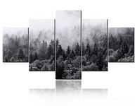 TUMOVO Large 5 Panel Foggy Forest Canvas Wall Art Black and White Landscape Pictures Modern Canvas Artwork Misty Woods Contemporary Nature Canvas Art for Home Office Wall Decor - 60" W x 32" H