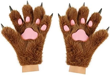 HAOAN Wolf Paw Gloves Faux Fur Cat Fingerless Mittens Winter Warm Cosplay Halloween Fancy Party Costume Accessories (brown01)