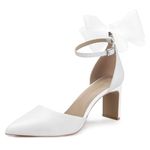 ALICEPUB Women's Detachable Bow Heels Pointed Toe Ankle Strap High Heels Comfortable Heels Work Dress Prom Wedding Pumps, White, 8