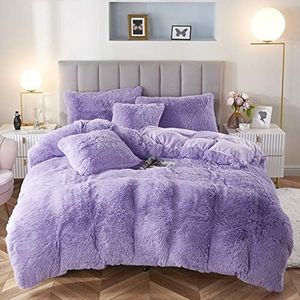 Uhamho Faux Fur Velvet Fluffy Bedding Duvet Cover Set Down Comforter Quilt Cover with Pillow Sham, Ultra Soft Warm (Lilac, Twin)