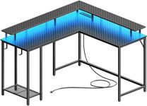 SUPERJARE L Shaped Gaming Desk with Power Outlets & LED Lights, Computer Desk with Monitor Stand & Storage Shelf, Home Office Desk Corner Desk with Hooks,Carbon Fiber Black