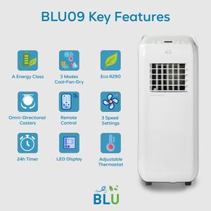 BLU-09 9,000 BTU Portable Air Conditioner – 3-in-1 Dehumidifier & Fan with Remote, UK Window Kit
