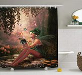 BUZRL Fairy Shower Curtain, Girl with Wings and Butterflies Digital Composition Computer Graphics Elven Creature, Fabric Bathroom Decor Set with Hooks, 60W X 72L Inches Extra Long, Multicolor