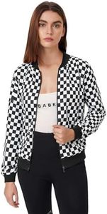 WDIRARA Women's Zip Front Plaid Print Long Sleeve Stand Collar Casual Jacket Black Chequered Small