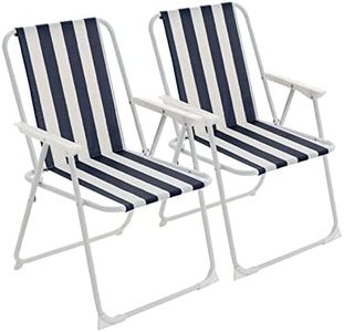 2X Blue Stripe Folding Metal Beach Chairs - Portable Lightweight Adults Outdoor Camping Garden Fishing Sun Lounger Seat - by Harbour Housewares