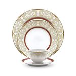 Noritake Japan - Porcelain Dinner Set of 5 pcs, Service for 1 - Luxury Dining and Kitchen Set - Hearth Queen Fountain Golden Dinnerware Set