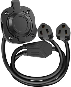 WELLUCK 15 Amp 125V AC Power Inlet Port Plug with Integrated Dual 18" Extension Cord, NEMA 5-15 RV Flanged Inlet with Waterproof & Back Cover Y Splitter Cable, 2 Pole 3-Wire Shore Power Plug for Boat