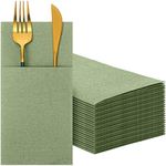 75 Pieces Paper Linen Napkins, Disposable Airlaid Paper Napkins Prefolded Dinner Napkins with Built in Flatware Pocket for Silverware Valentine Wedding Party Christmas Day (Sage Green)