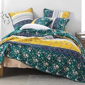 DaDa Bedding Bohemian Patchwork Bedspread - Bed of Wild Flowers Garden - Botanical Floral Quilted Coverlet Set - Bright Vibrant Yellow Blue Teal Green, Cotton, Teal Green, King