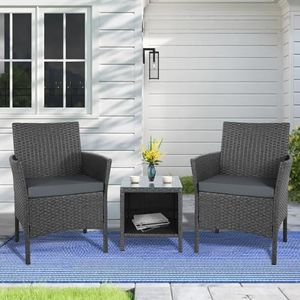 ALFORDSON Outdoor Patio Furniture 3pcs Conversation Set, Wicker 3 Pieces Lounge Chair & Glass Coffee Table Setting, Steel Frame Garden Rattan Sofa with Cushions, Dark Grey