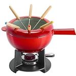 Zwilling 40201-001 Fondue Set - Cherry Enamel Cast Iron Pan, Swiss Fondue Set for Melted Cheese, Includes 6 Wooden Forks, Chocolate Melting Pot, Splash Protector, Suitable for All Hobs, Food Warmer