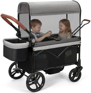 ELEMARA All-Terrain Wagon Stroller for 2 Kids, Foldable Wagon Stroller Includes Removable Canopy,Mosquito net, Adjustable Push&Pull Handle,Snack Tray & Cup Holders, Storage Basket, Black+Grey
