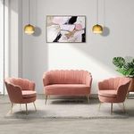 woodheart Shop 3 Piece Velvet Living Room Furniture Set, Including Loveseat & 2 Sofa Chairs, Modern Comfy Upholstered 2-Seater Sofa & Accent Chair Set for Bedroom (Baby Pink)