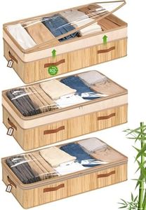 Livole 3 Pack Bamboo Under Bed Storage, 6-10 inches Height Adjustable Underbed Storage Containers, 92L XXXL Large Under Bed Storage Bins with Clear Lid & Label for Clothes, Blankets, Sweater, Shoes