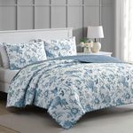 MARTHA STEWART King Size Quilt Bedding Set - 3 Piece, Soft Washed Microfiber, Printed Bedspread, Reversible, All Season, 1 Quilt, 2 King Pillow Shams, Blue & White, Tiana Floral Print