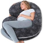 Mom's Moon Premium C Shaped Full Body Maternity Pillow with Flower Print Velvet Removable Cover - Support for Back, Legs, Belly, HIPS for Pregnant Women, 55 Inch Pregnancy Pillows for Sleeping, Grey