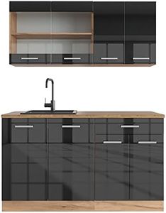 Vicco Cucina completa R-line, Antracite lucido/oro power oak, 140 cm senza piano di lavoro