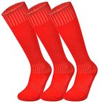 Marchare Boys Soccer Socks Toddler Football Socks 7-10 Years Knee High Solid Sports Socks For Boys Girls Red 3 Pairs