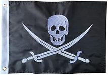 SYII Pirate Boat Flag 12x18 Inch Made in USA, Embroidery Jolly Roger Pirate Yacht Flags with 2 Brass Grommet, Heavy Duty Nylon Skull Outdoor Banner for All Weather